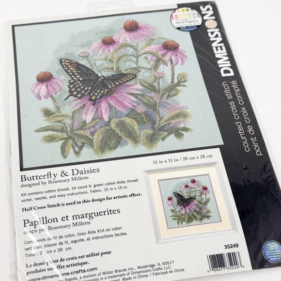 Dimensions BUTTERFLY & DAISIES Cross Stitch Kit   Pink Flowers #35249 NEW - Picture 1 of 9